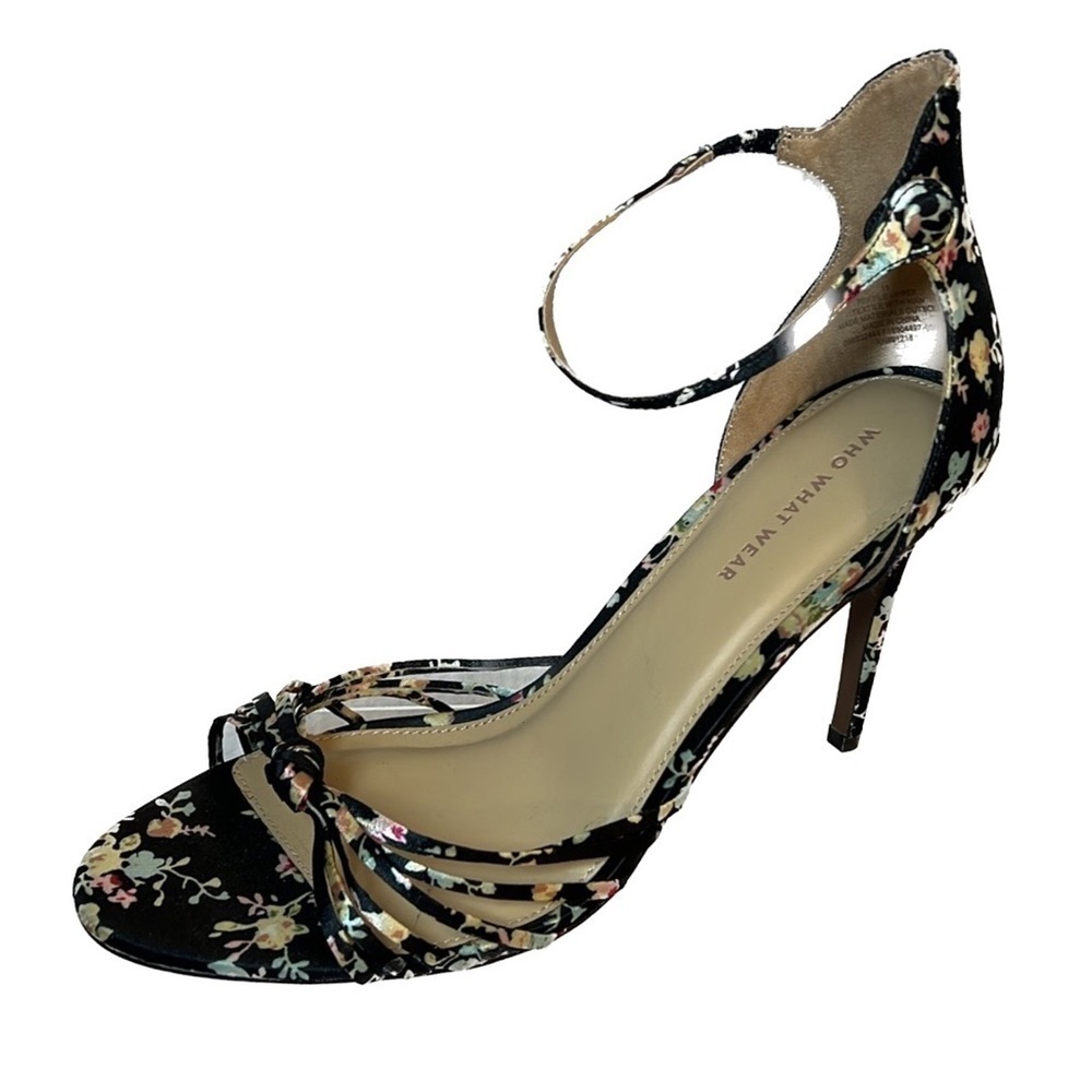 Who What Wear black floral satin snap close ankle strap stiletto heels 11